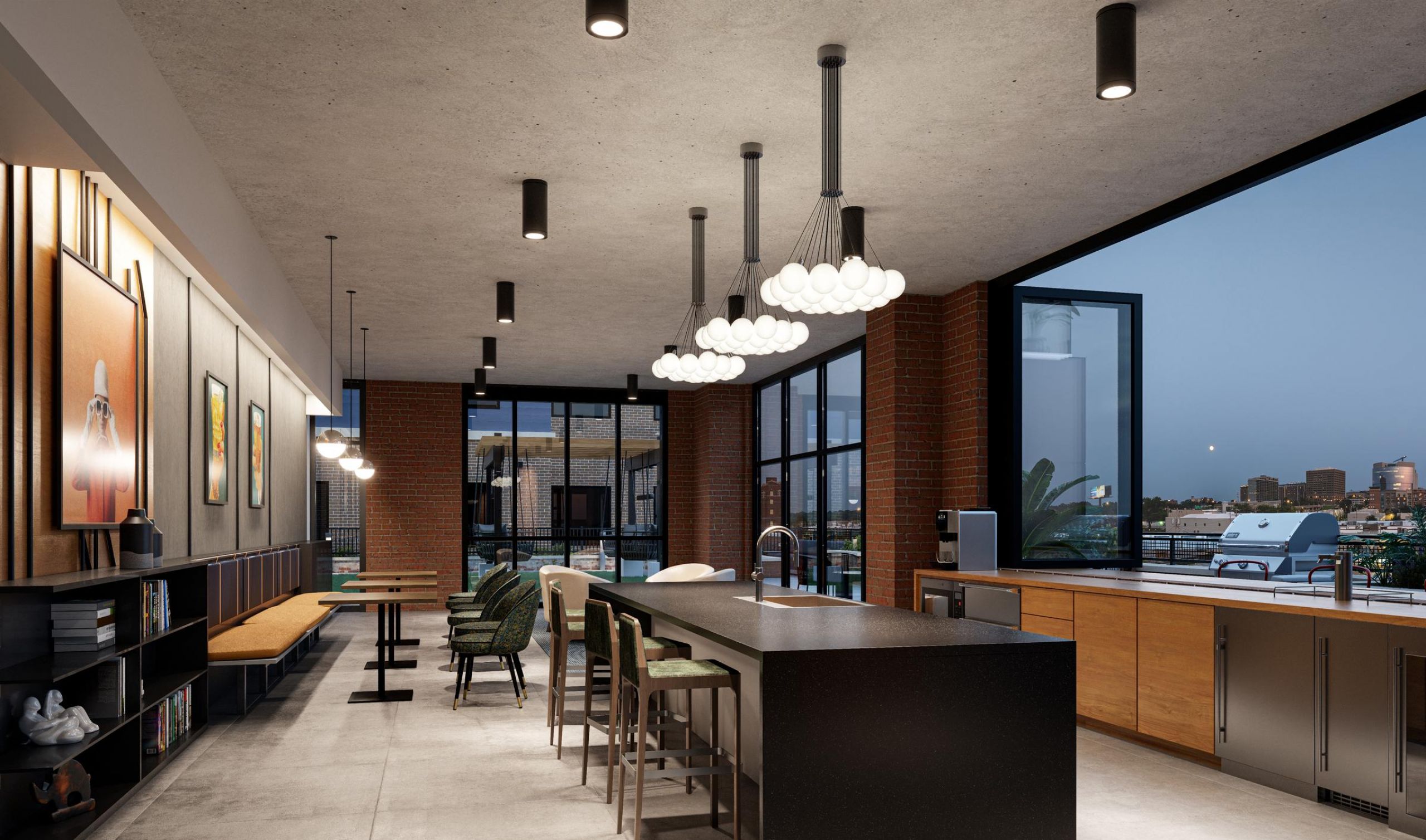 The Wade Contemporary kitchen with a spacious island and a stunning view of the city visible through large windows.